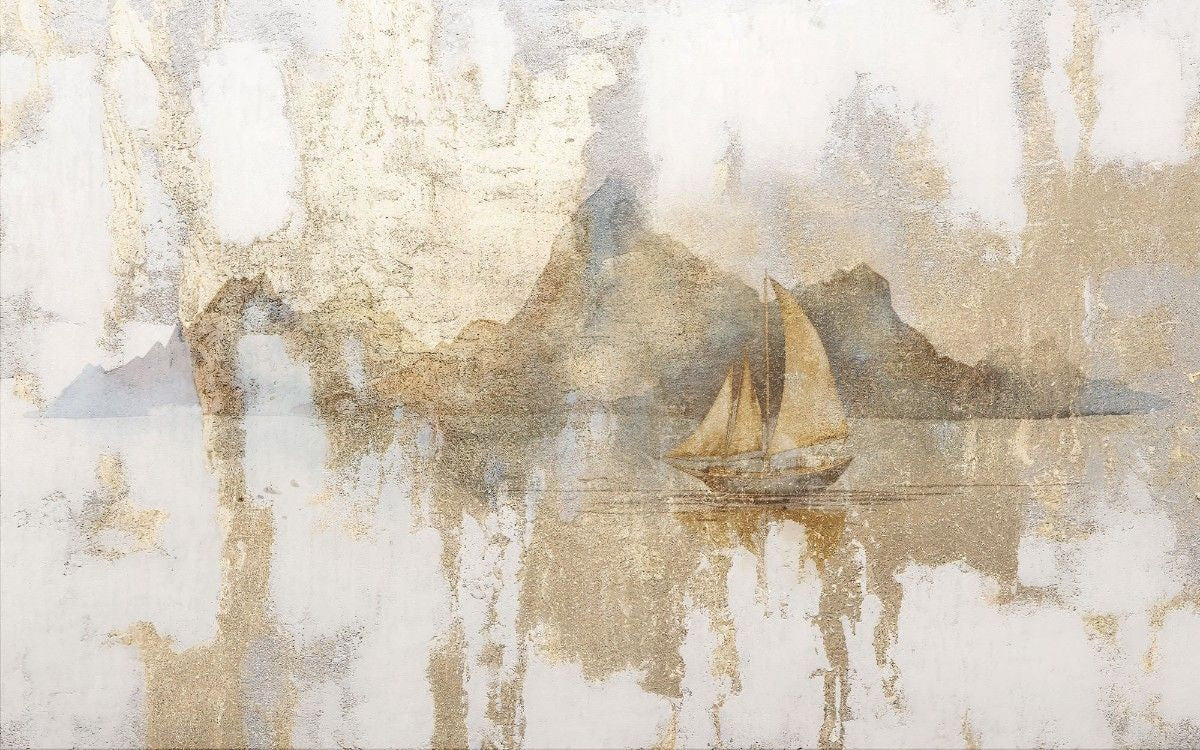 Tapet personalizat zen oriental cu o barca solitara sub un apus auriu simbolizand calatoria interioara si linistea suprema golden zen boat