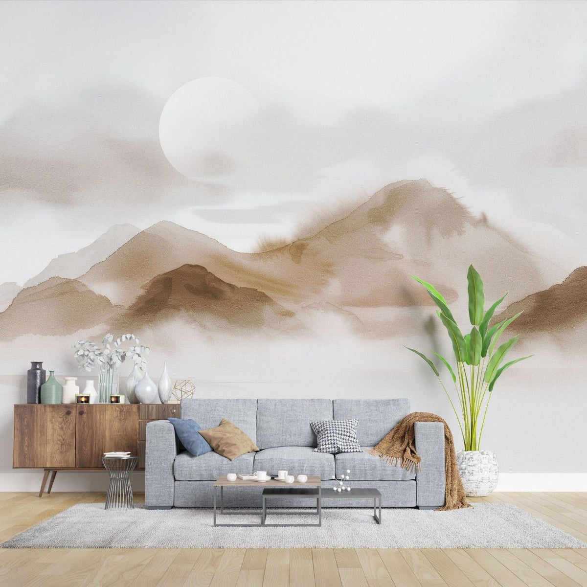 Tapet personalizat zen oriental cu un munte delicat in acuarela evocand fragilitatea naturii si serenitatea peisajului frail mountain