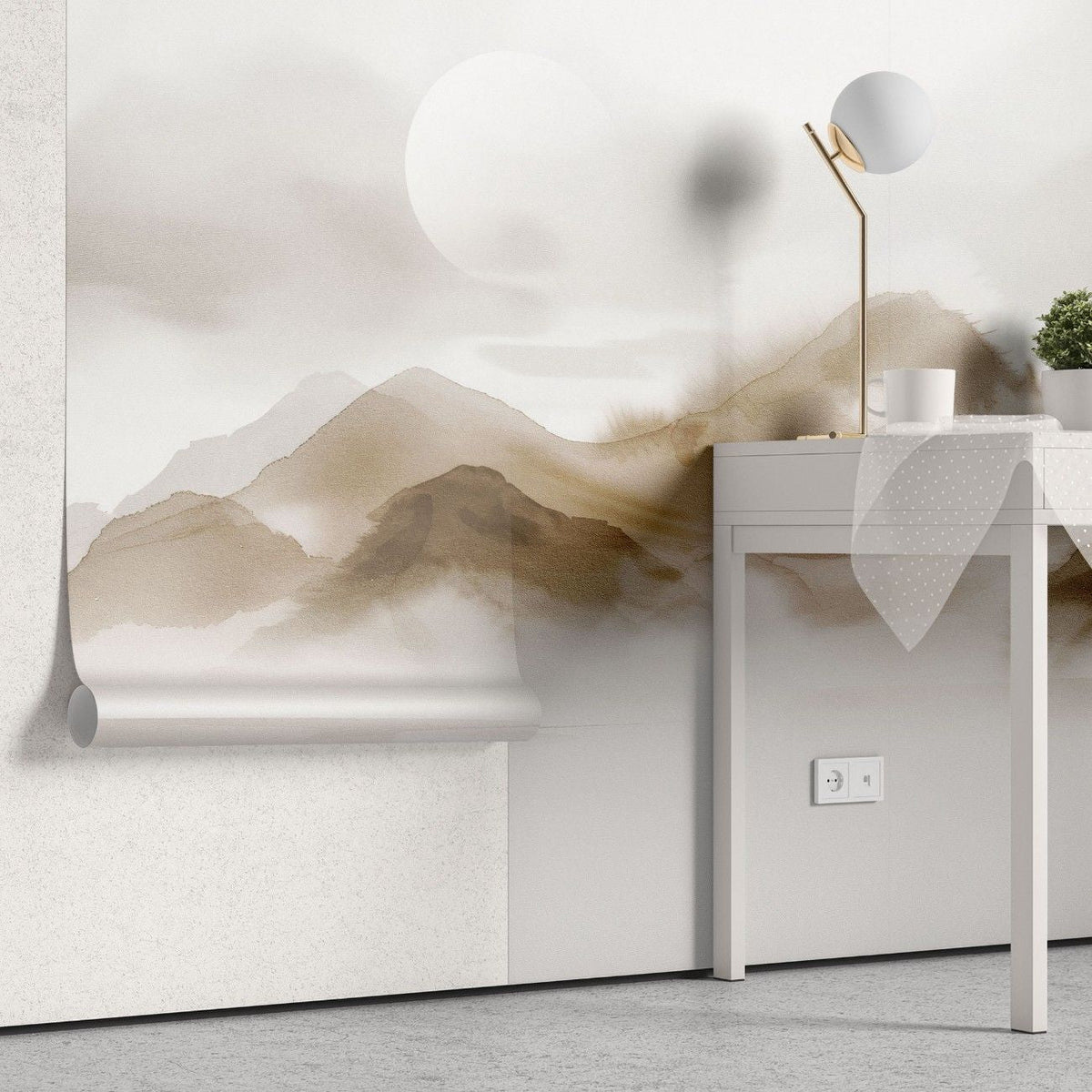 Tapet personalizat zen oriental cu un munte delicat in acuarela evocand fragilitatea naturii si serenitatea peisajului frail mountain