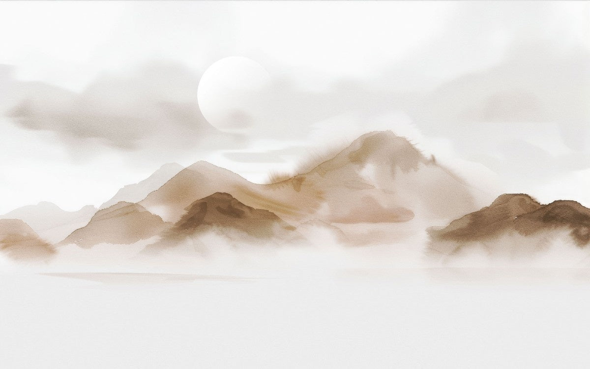 Tapet personalizat zen oriental cu un munte delicat in acuarela evocand fragilitatea naturii si serenitatea peisajului frail mountain