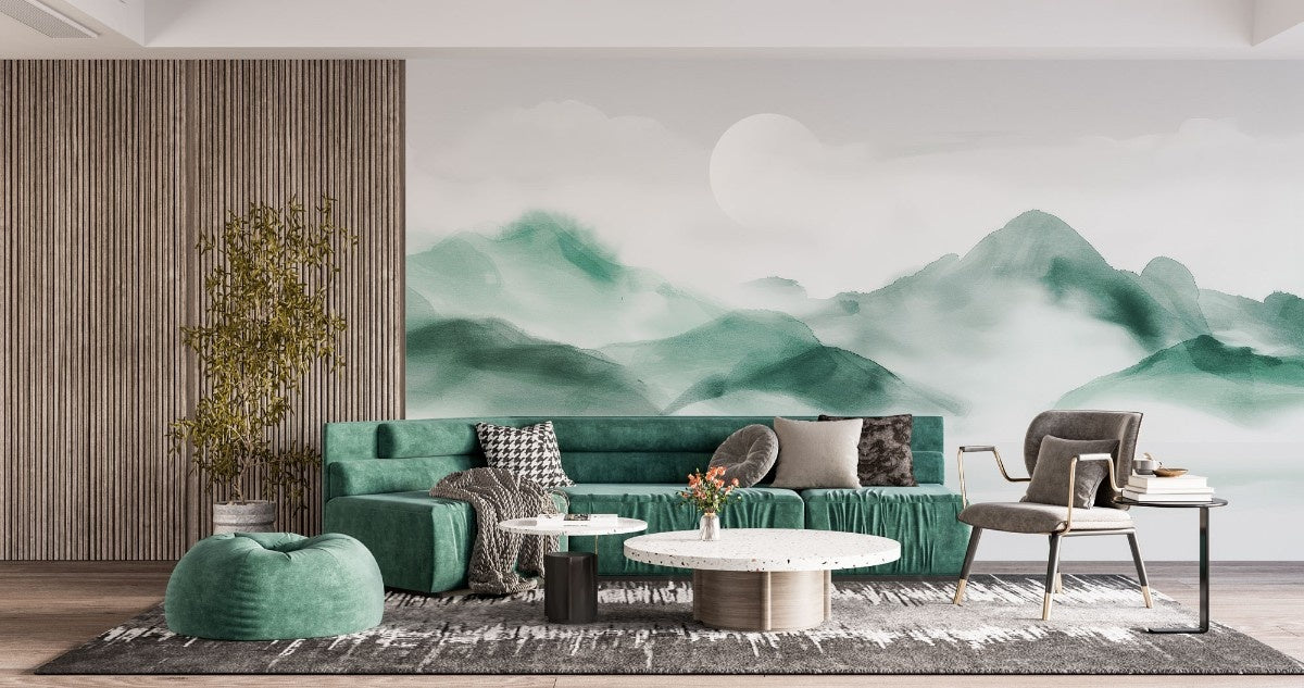 Tapet personalizat zen oriental cu un munte invaluindu se in ceata creand o atmosfera de mister calm si profunzime misty mountain