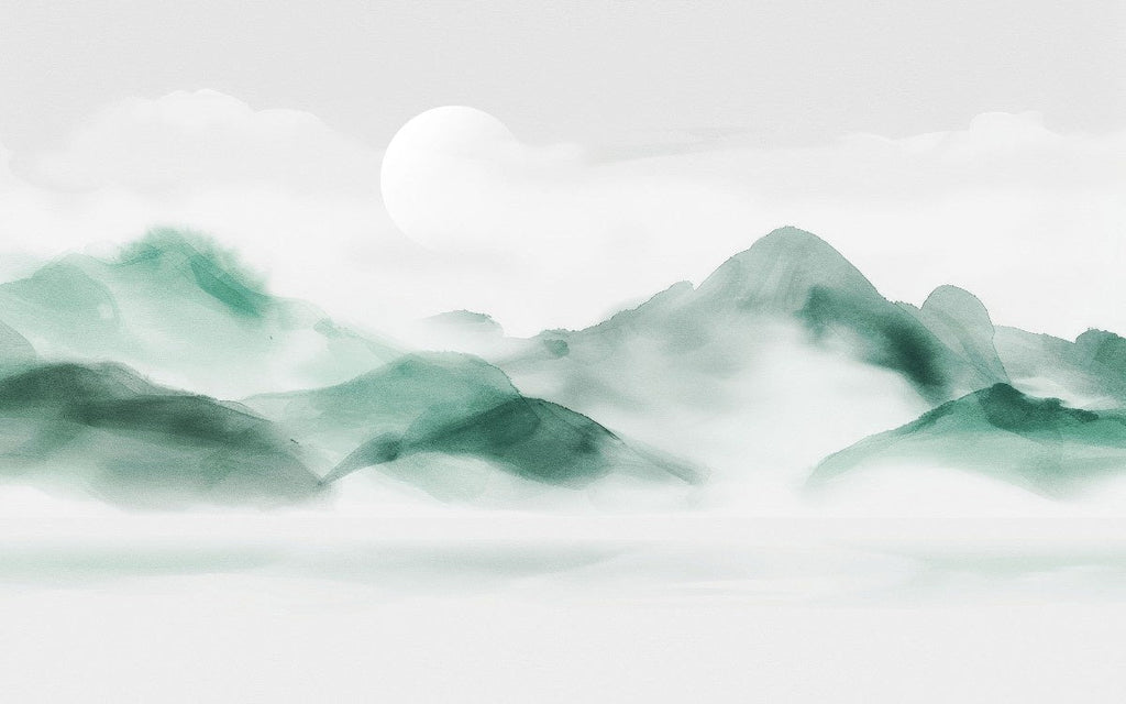 Tapet personalizat zen oriental cu un munte invaluindu se in ceata creand o atmosfera de mister calm si profunzime misty mountain