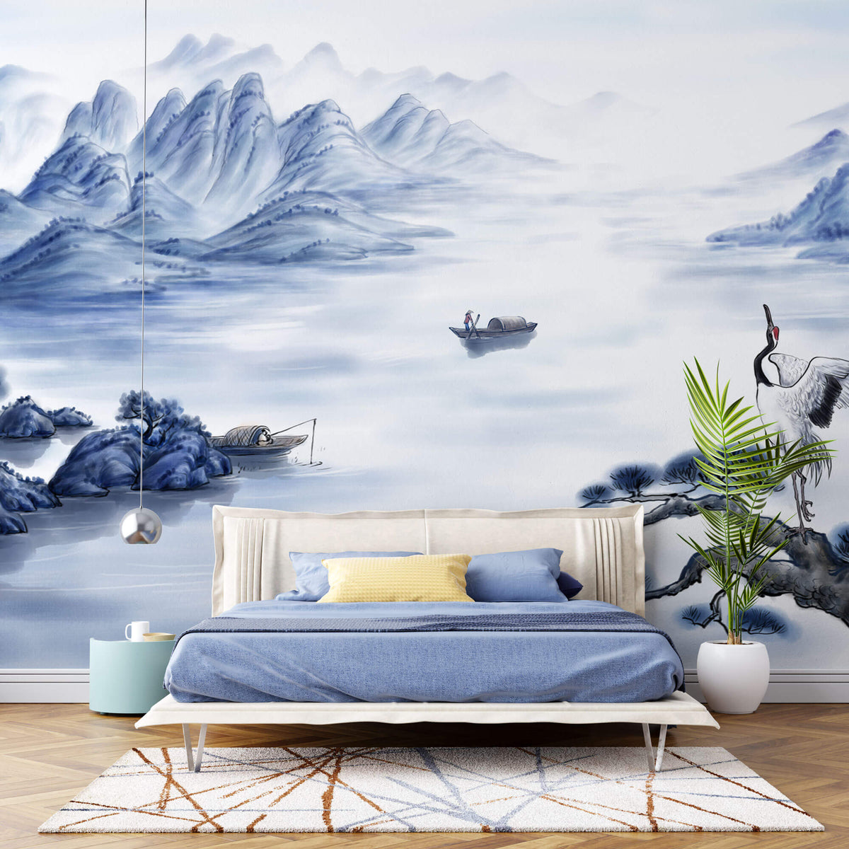 Tapet Zen Oriental cu peisaj montan pe apa cu barci si egrete - BLUE ORIENTAL SCENERY