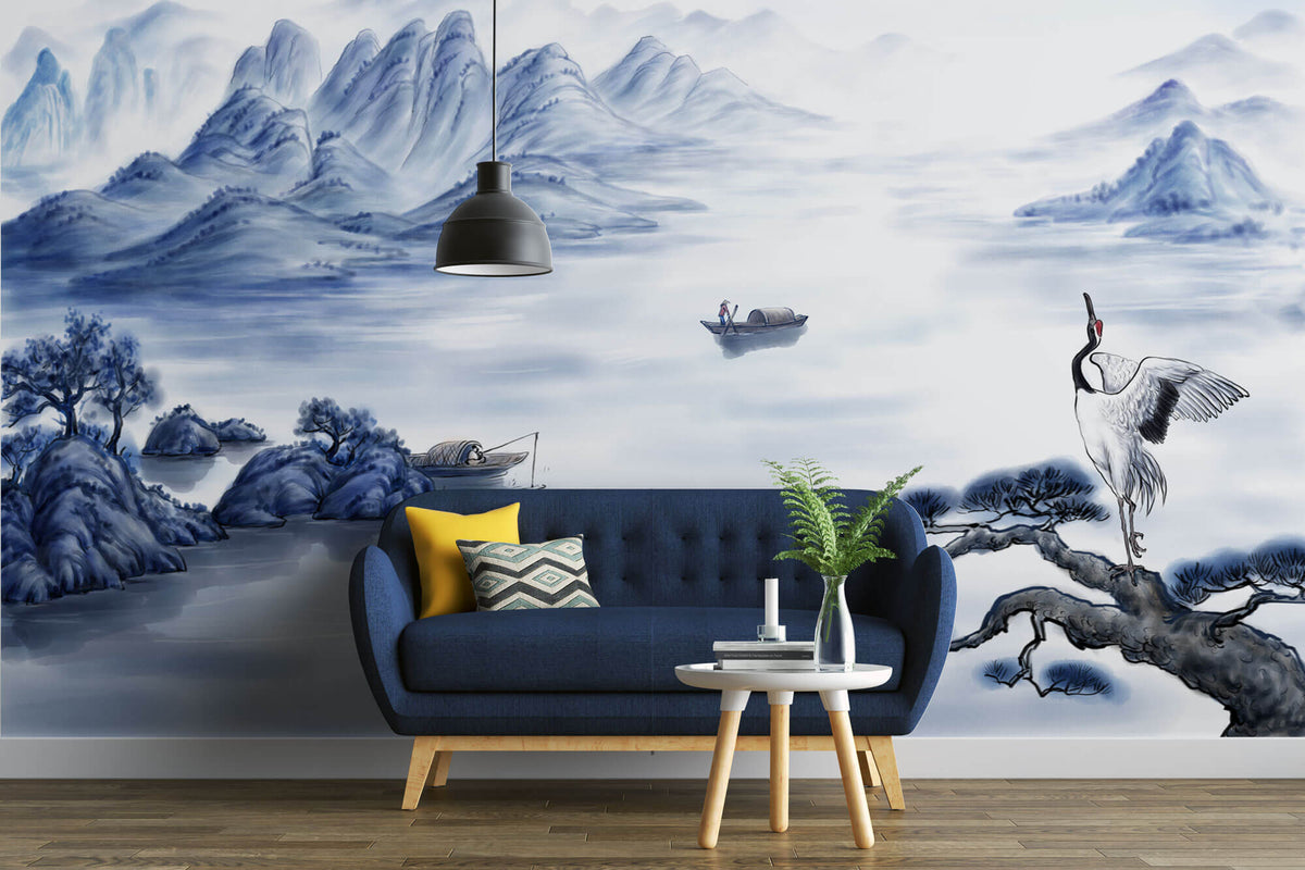 Tapet Zen Oriental cu peisaj montan pe apa cu barci si egrete - BLUE ORIENTAL SCENERY