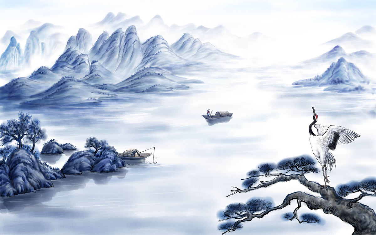 Tapet Zen Oriental cu peisaj montan pe apa cu barci si egrete - BLUE ORIENTAL SCENERY