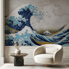 Tapet Zen Oriental cu ilustratia tsunami-uli japonez si barci de lemn - JAPANESE TSUNAMI