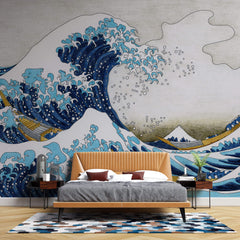 Tapet Zen Oriental cu ilustratia tsunami-uli japonez si barci de lemn - JAPANESE TSUNAMI