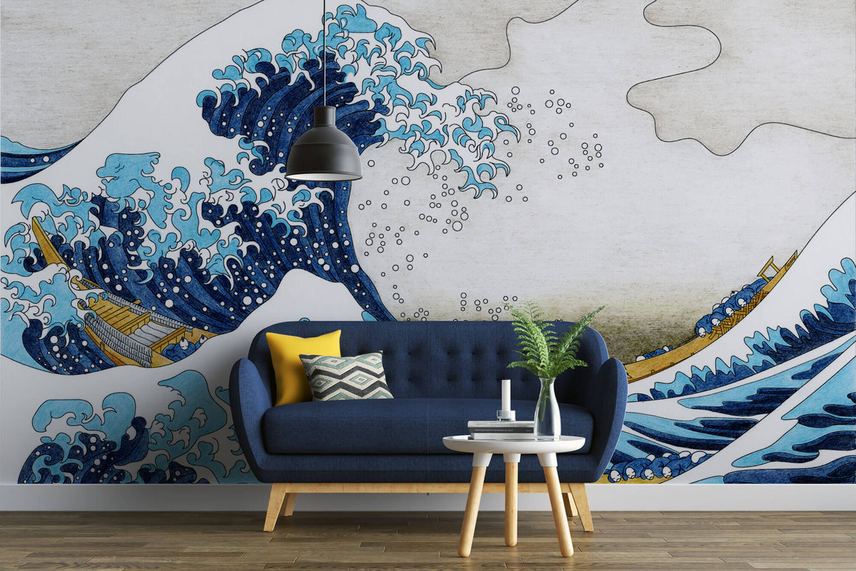 Tapet Zen Oriental cu ilustratia tsunami-uli japonez si barci de lemn - JAPANESE TSUNAMI