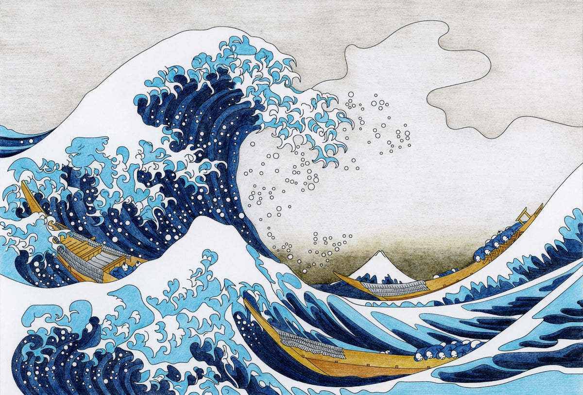 Tapet Zen Oriental cu ilustratia tsunami-uli japonez si barci de lemn - JAPANESE TSUNAMI