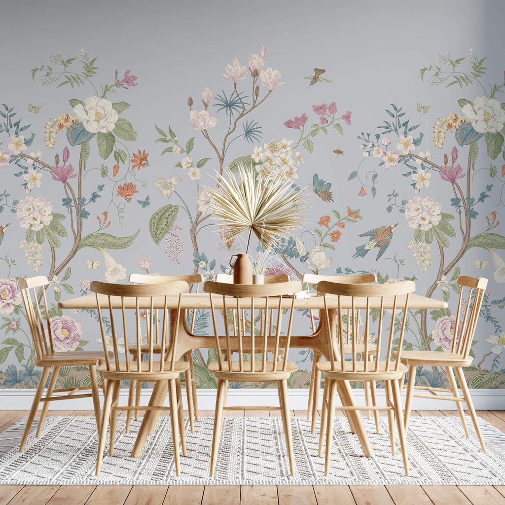 Tapet Zen Oriental cu gradina inflorita in stil chinoiserie cu fundal gri-albastrui - LIGHT BLUE CHINOISERIE