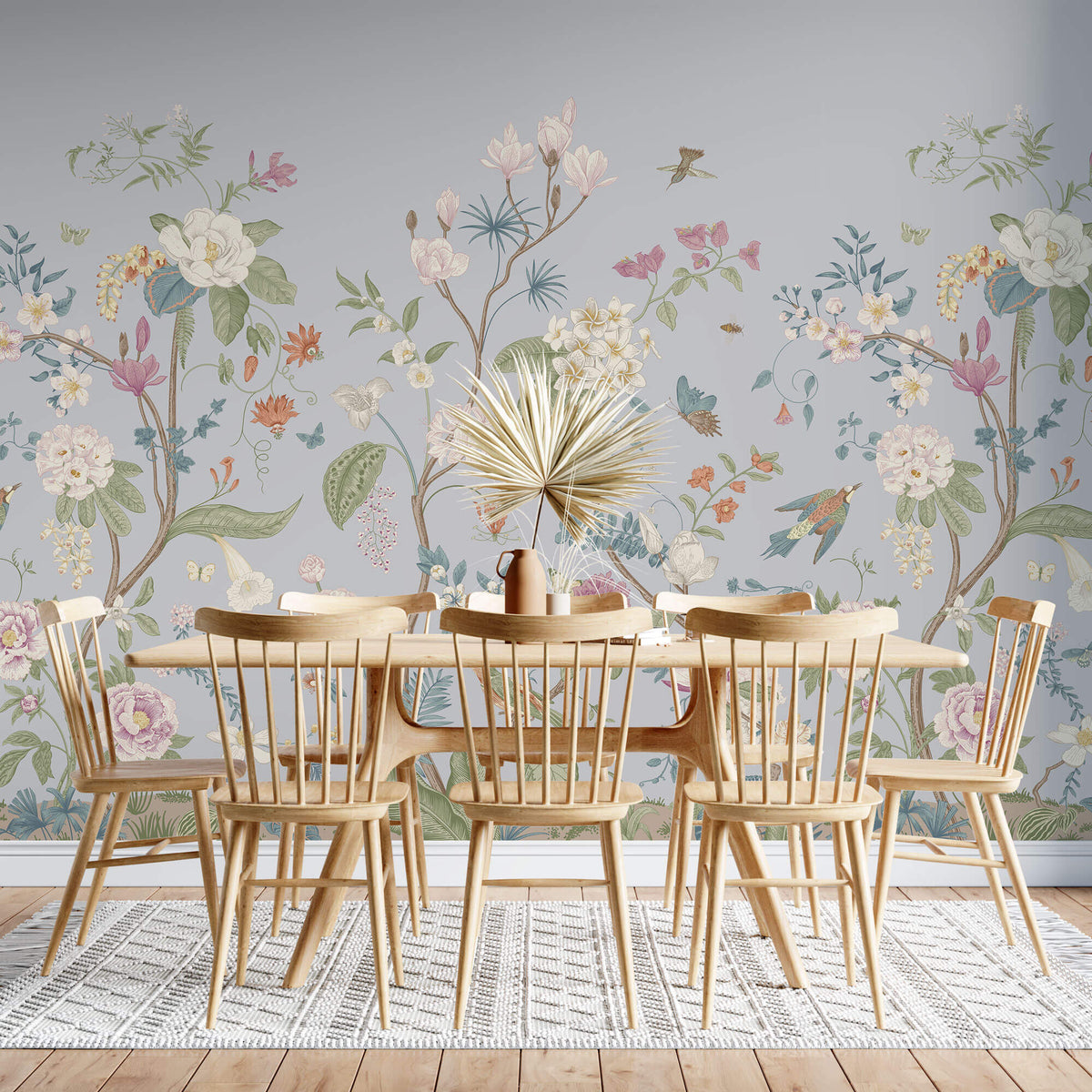 Tapet Zen Oriental cu gradina inflorita in stil chinoiserie cu fundal gri-albastrui - LIGHT BLUE CHINOISERIE