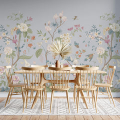 Tapet Zen Oriental cu gradina inflorita in stil chinoiserie cu fundal gri-albastrui - LIGHT BLUE CHINOISERIE
