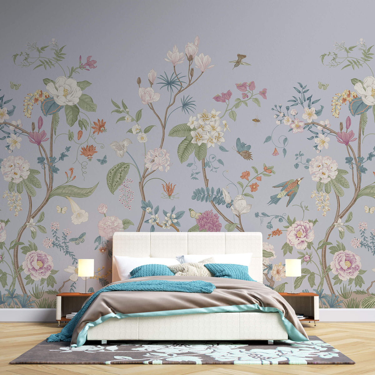 Tapet Zen Oriental cu gradina inflorita in stil chinoiserie cu fundal gri-albastrui - LIGHT BLUE CHINOISERIE