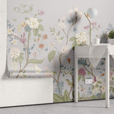 Tapet Zen Oriental cu gradina inflorita in stil chinoiserie cu fundal gri-albastrui - LIGHT BLUE CHINOISERIE