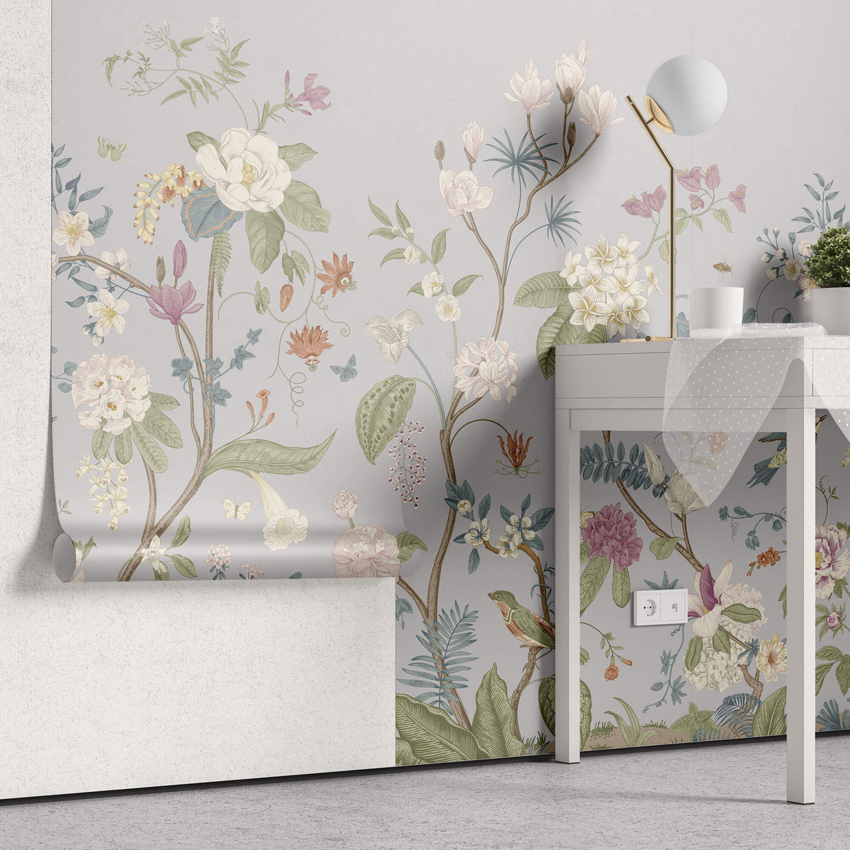 Tapet Zen Oriental cu gradina inflorita in stil chinoiserie cu fundal gri-albastrui - LIGHT BLUE CHINOISERIE