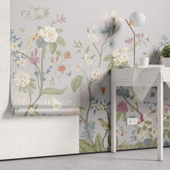 Tapet Zen Oriental cu gradina inflorita in stil chinoiserie cu fundal gri-albastrui - LIGHT BLUE CHINOISERIE