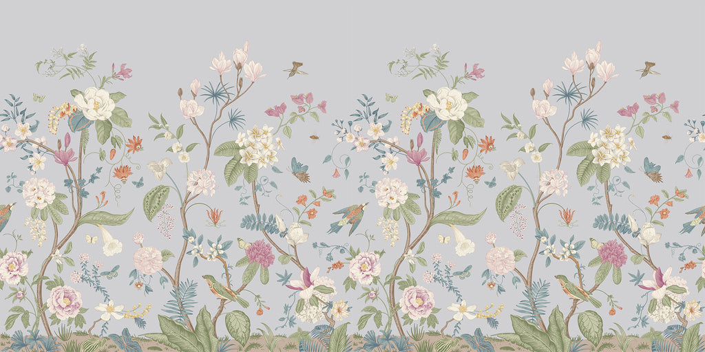 Tapet Zen Oriental cu gradina inflorita in stil chinoiserie cu fundal gri-albastrui - LIGHT BLUE CHINOISERIE