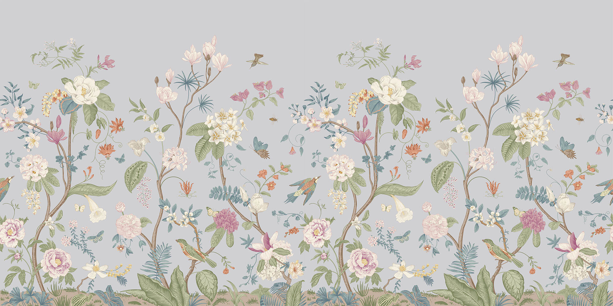 Tapet Zen Oriental cu gradina inflorita in stil chinoiserie cu fundal gri-albastrui - LIGHT BLUE CHINOISERIE