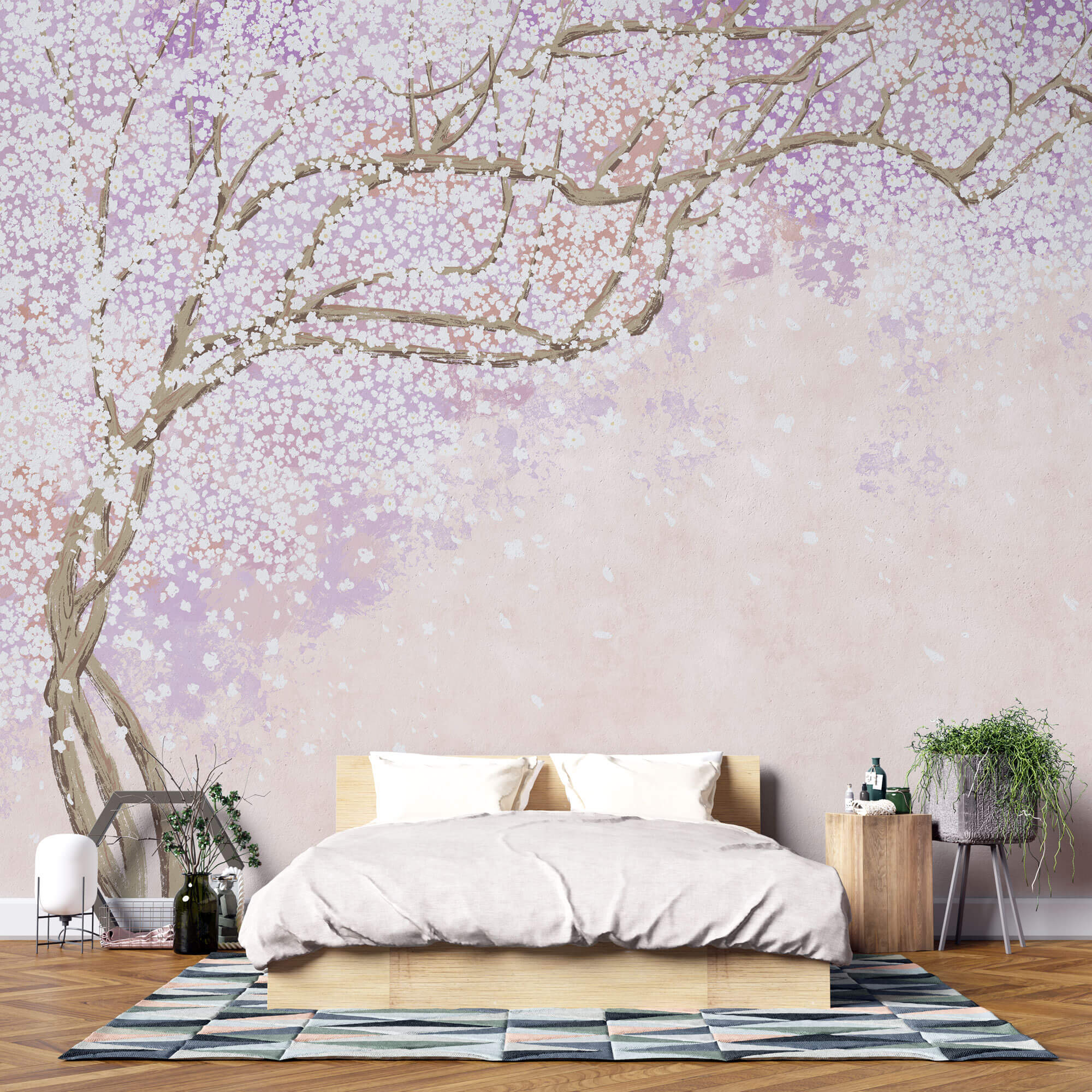 Tapet Zen Oriental cu copac inflorit in nuante de roz si mov - CHERRY BLOSSOM CHINOISERIE