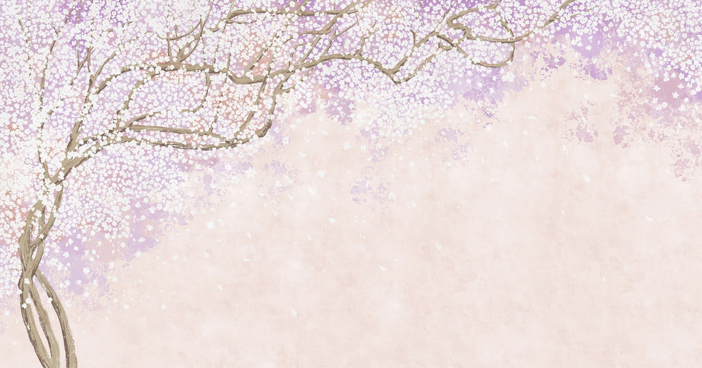 Tapet Zen Oriental cu copac inflorit in nuante de roz si mov - CHERRY BLOSSOM CHINOISERIE