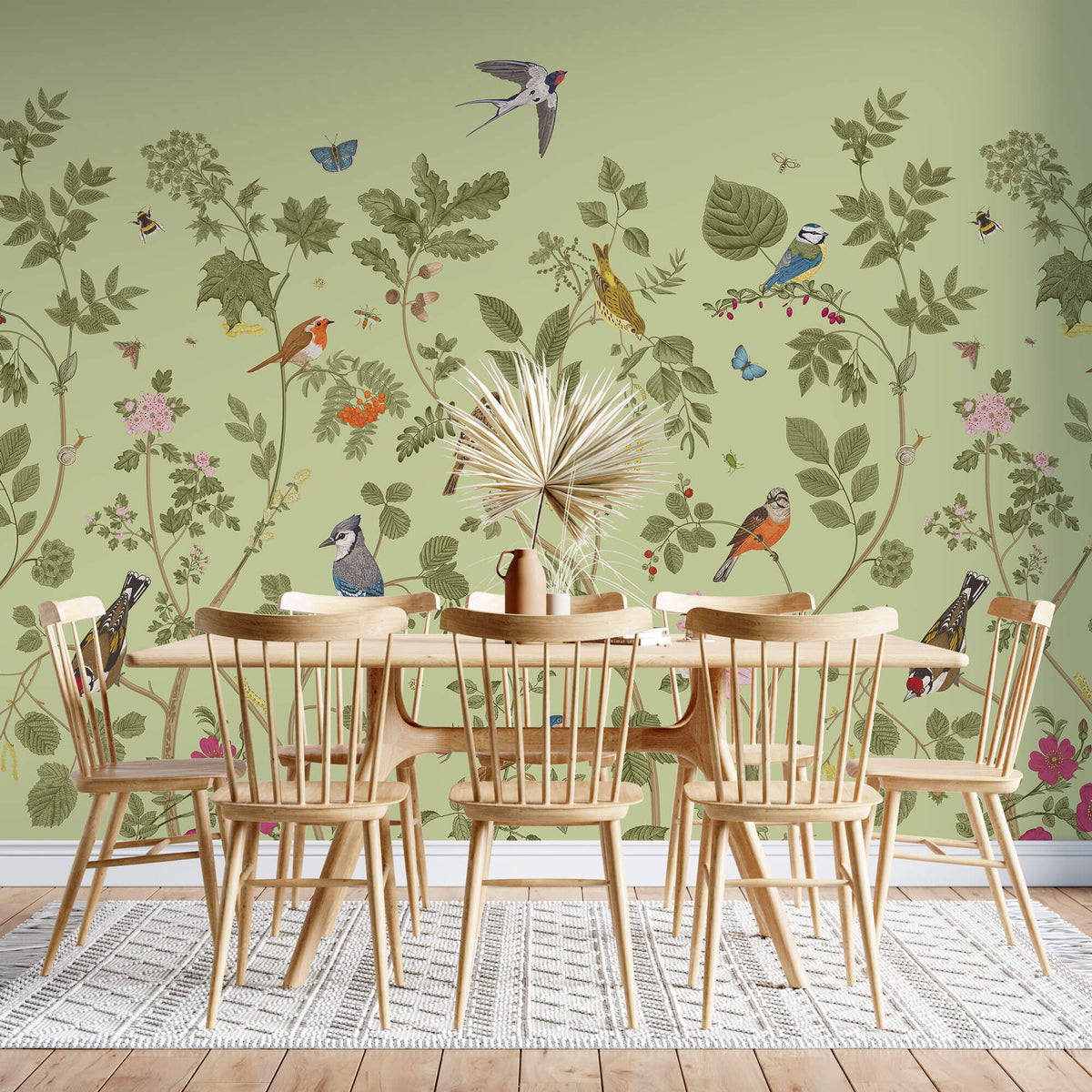 Tapet Zen Oriental cu plante fructifere verzi si pasari - MINTY BIRD CHINOISERIE