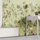 Tapet Zen Oriental cu plante fructifere verzi si pasari - MINTY BIRD CHINOISERIE