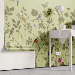 Tapet Zen Oriental cu plante fructifere verzi si pasari - MINTY BIRD CHINOISERIE