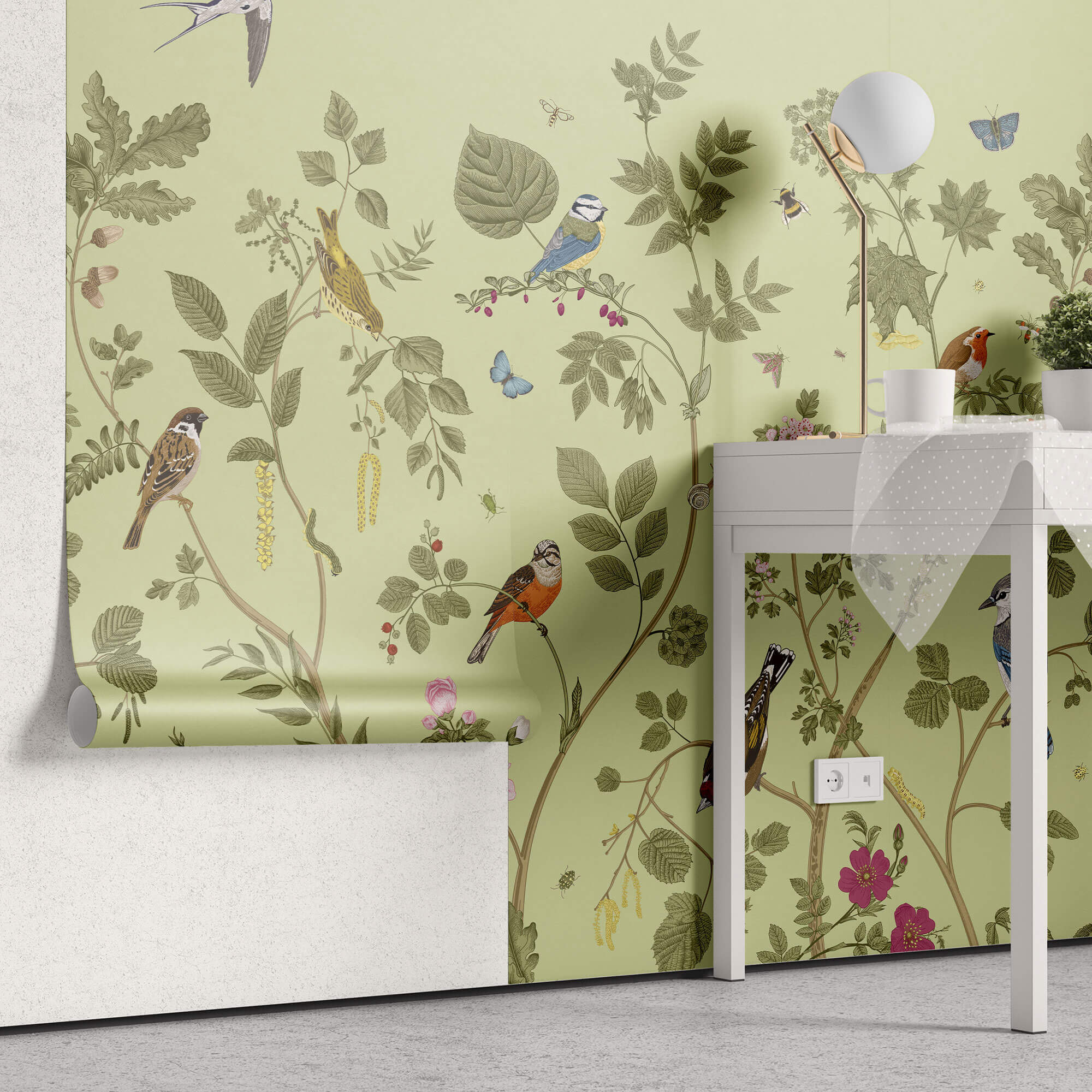 Tapet Zen Oriental cu plante fructifere verzi si pasari - MINTY BIRD CHINOISERIE
