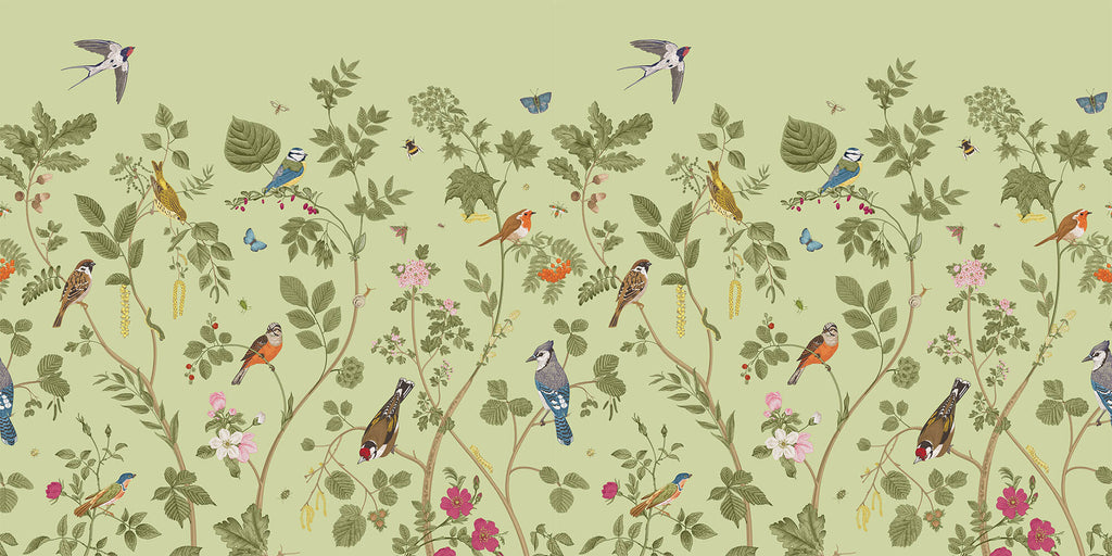Tapet Zen Oriental cu plante fructifere verzi si pasari - MINTY BIRD CHINOISERIE
