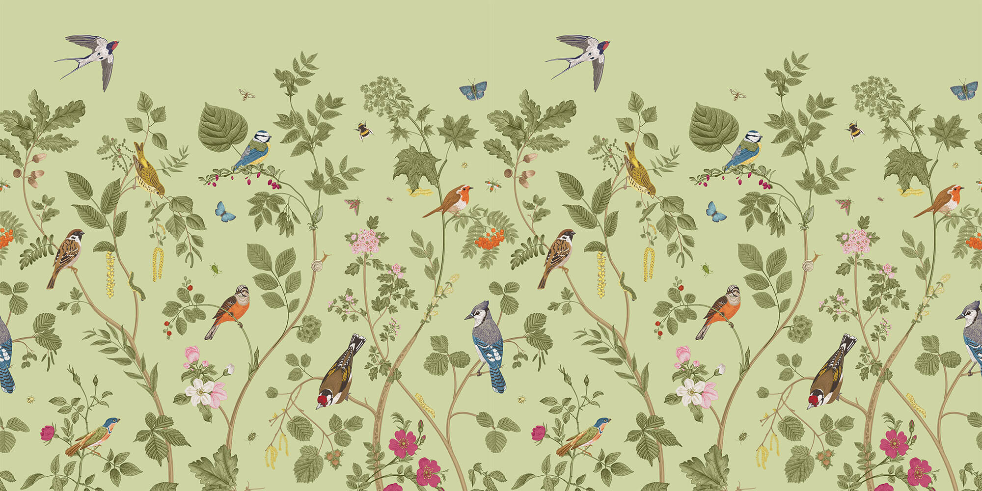 Tapet Zen Oriental cu plante fructifere verzi si pasari - MINTY BIRD CHINOISERIE