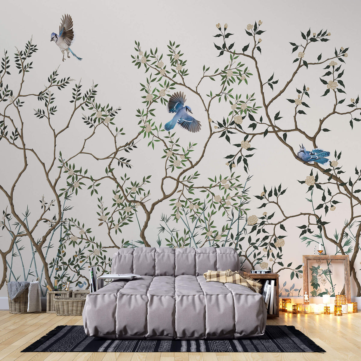 Tapet Zen Oriental cu copaci asiatici infloriti si pasari albastre - BLUE JAY CHINOISERIE