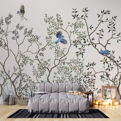 Tapet Zen Oriental cu copaci asiatici infloriti si pasari albastre - BLUE JAY CHINOISERIE