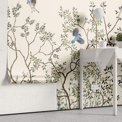 Tapet Zen Oriental cu copaci asiatici infloriti si pasari albastre - BLUE JAY CHINOISERIE