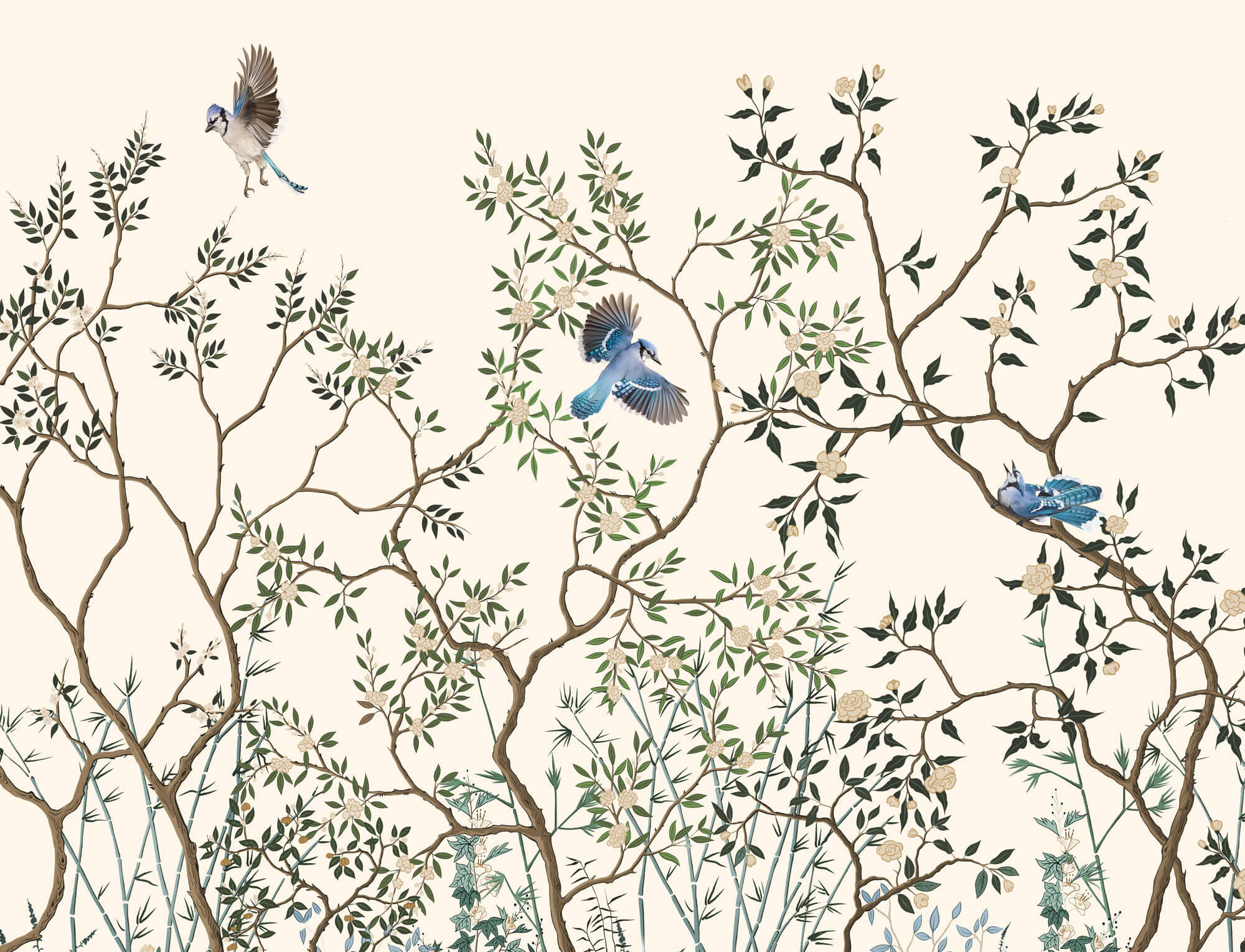 Tapet Zen Oriental cu copaci asiatici infloriti si pasari albastre - BLUE JAY CHINOISERIE