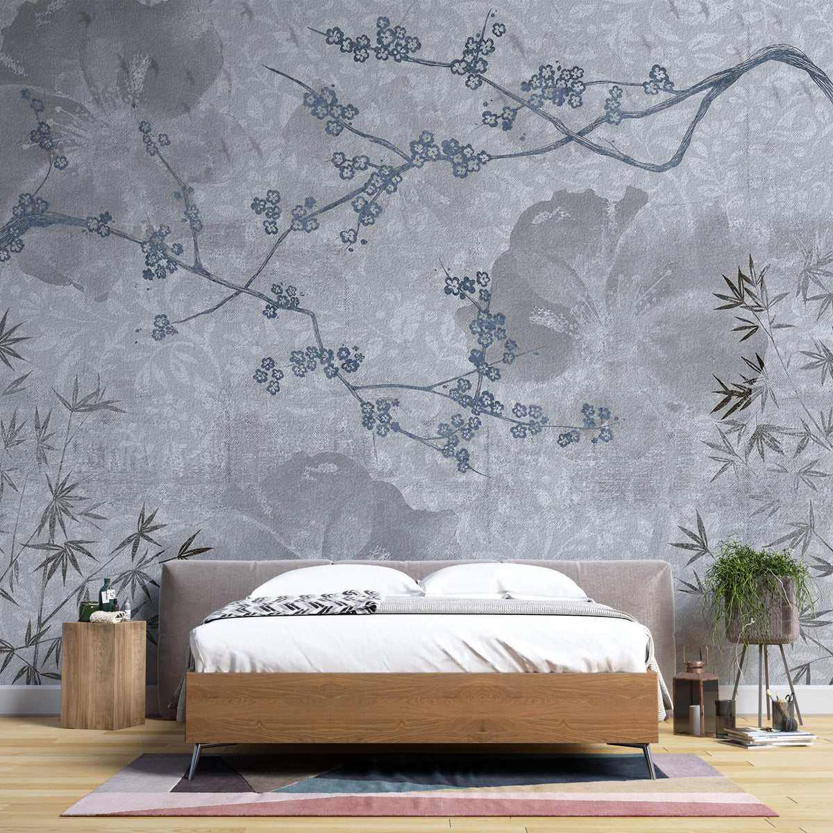 Tapet Zen Oriental cu peisaj de natura abstracta asiatica - BLUEISH GREY CHINOISERIE
