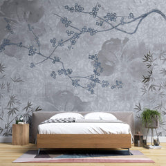 Tapet Zen Oriental cu peisaj de natura abstracta asiatica - BLUEISH GREY CHINOISERIE