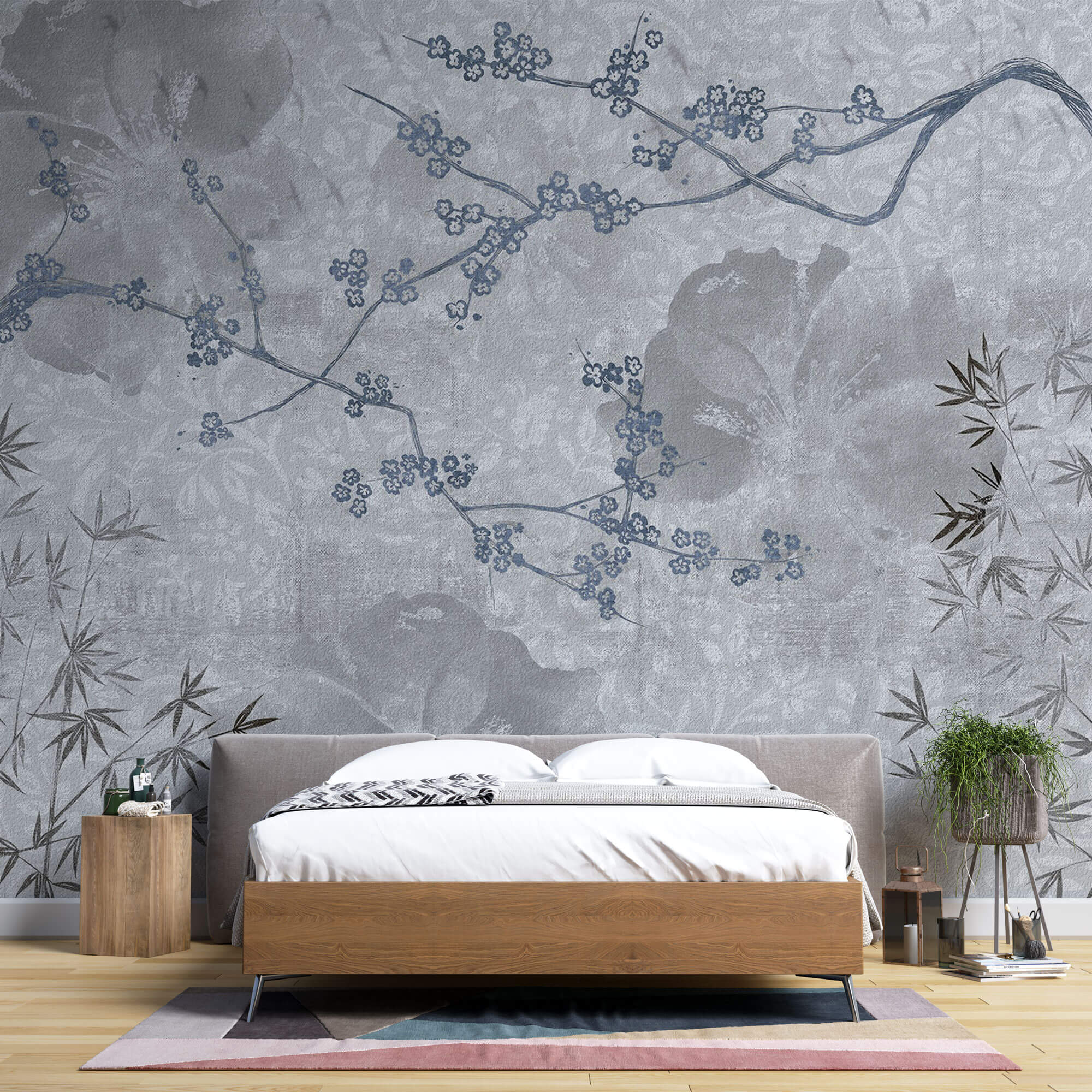 Tapet Zen Oriental cu peisaj de natura abstracta asiatica - BLUEISH GREY CHINOISERIE