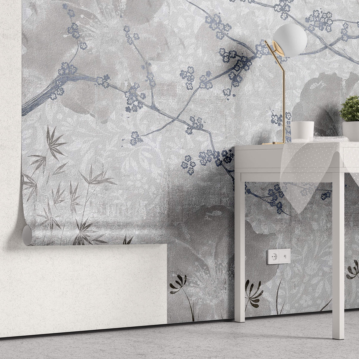 Tapet Zen Oriental cu peisaj de natura abstracta asiatica - BLUEISH GREY CHINOISERIE