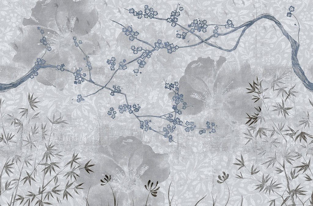 Tapet Zen Oriental cu peisaj de natura abstracta asiatica - BLUEISH GREY CHINOISERIE