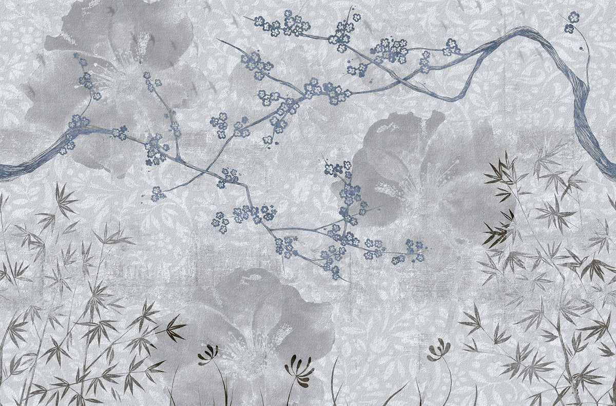 Tapet Zen Oriental cu peisaj de natura abstracta asiatica - BLUEISH GREY CHINOISERIE