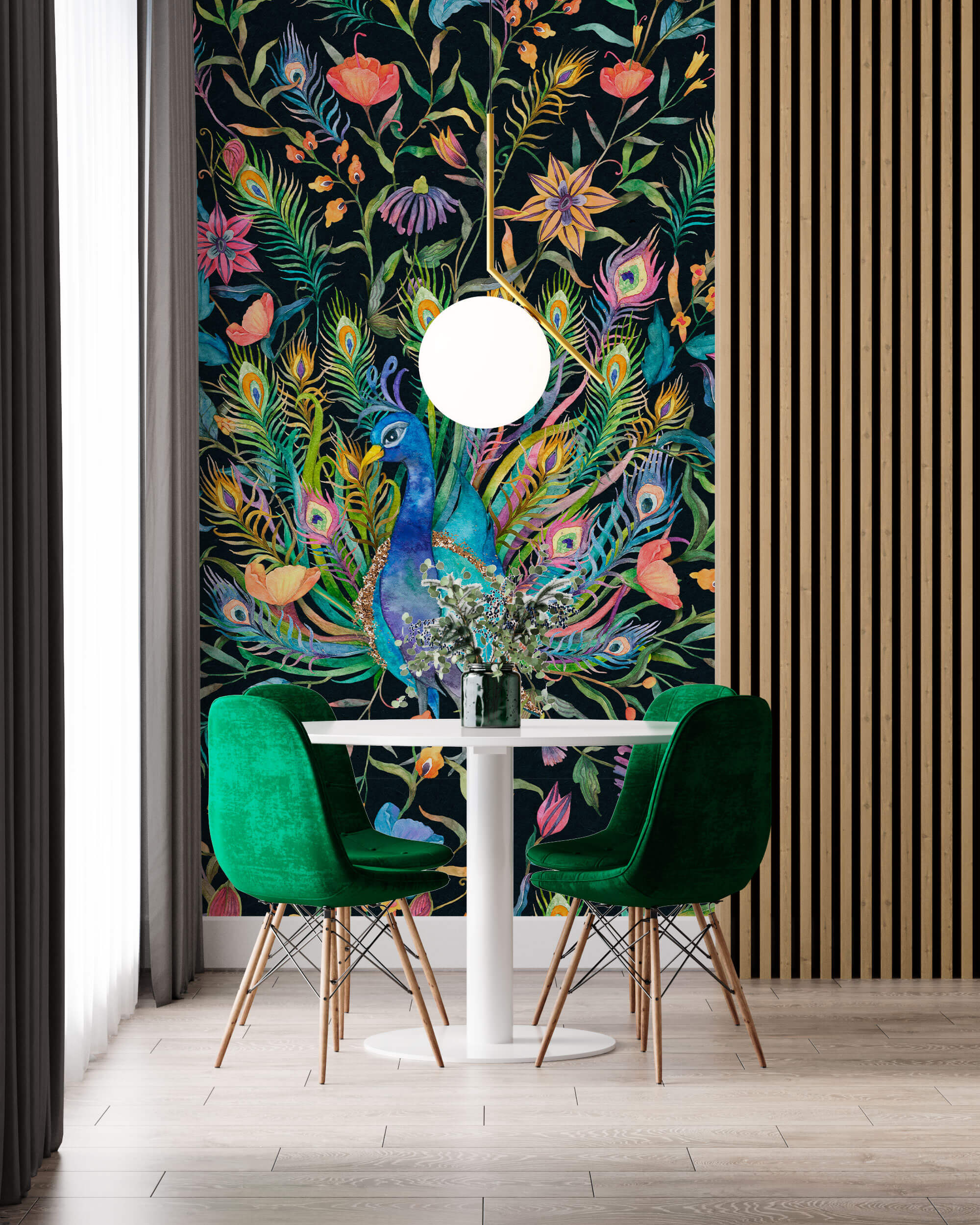 Tapet Zen Oriental cu paun inflorit colorat pe un fudal negru - COLORFUL PEACOCK