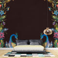 Tapet Zen Oriental cu pauni infloriti pe un fundal maro texturat - FLOWER FRAMED PEACOKS