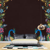 Tapet Zen Oriental cu pauni infloriti pe un fundal maro texturat - FLOWER FRAMED PEACOKS