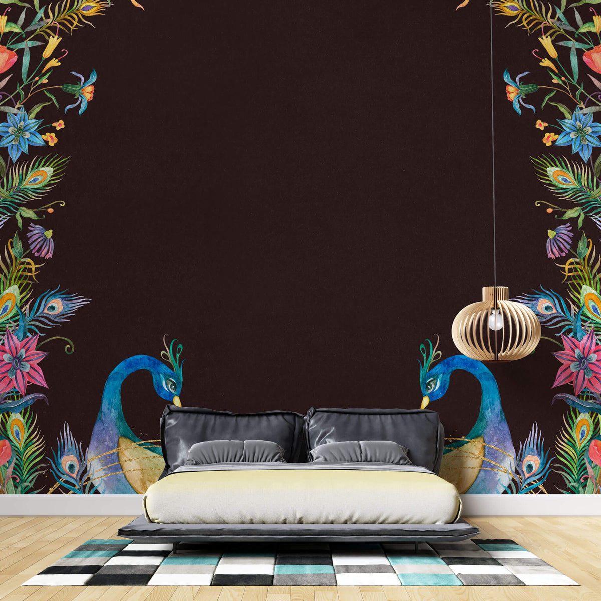 Tapet Zen Oriental cu pauni infloriti pe un fundal maro texturat - FLOWER FRAMED PEACOKS