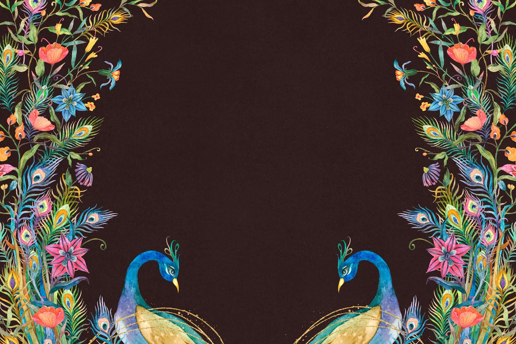 Tapet Zen Oriental cu pauni infloriti pe un fundal maro texturat - FLOWER FRAMED PEACOKS