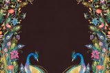 Tapet Zen Oriental cu pauni infloriti pe un fundal maro texturat - FLOWER FRAMED PEACOKS