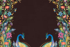 Tapet Zen Oriental cu pauni infloriti pe un fundal maro texturat - FLOWER FRAMED PEACOKS