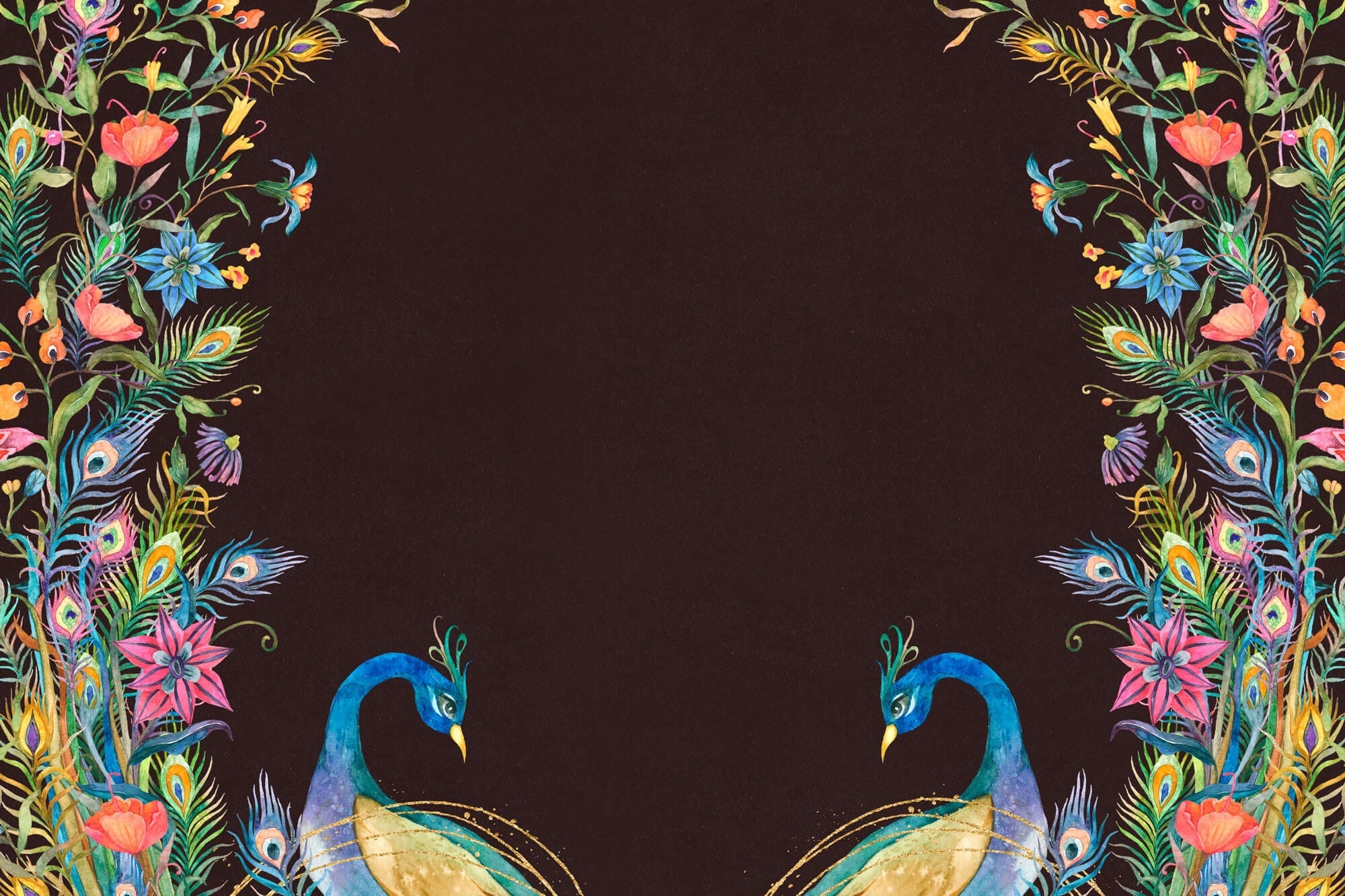 Tapet Zen Oriental cu pauni infloriti pe un fundal maro texturat - FLOWER FRAMED PEACOKS