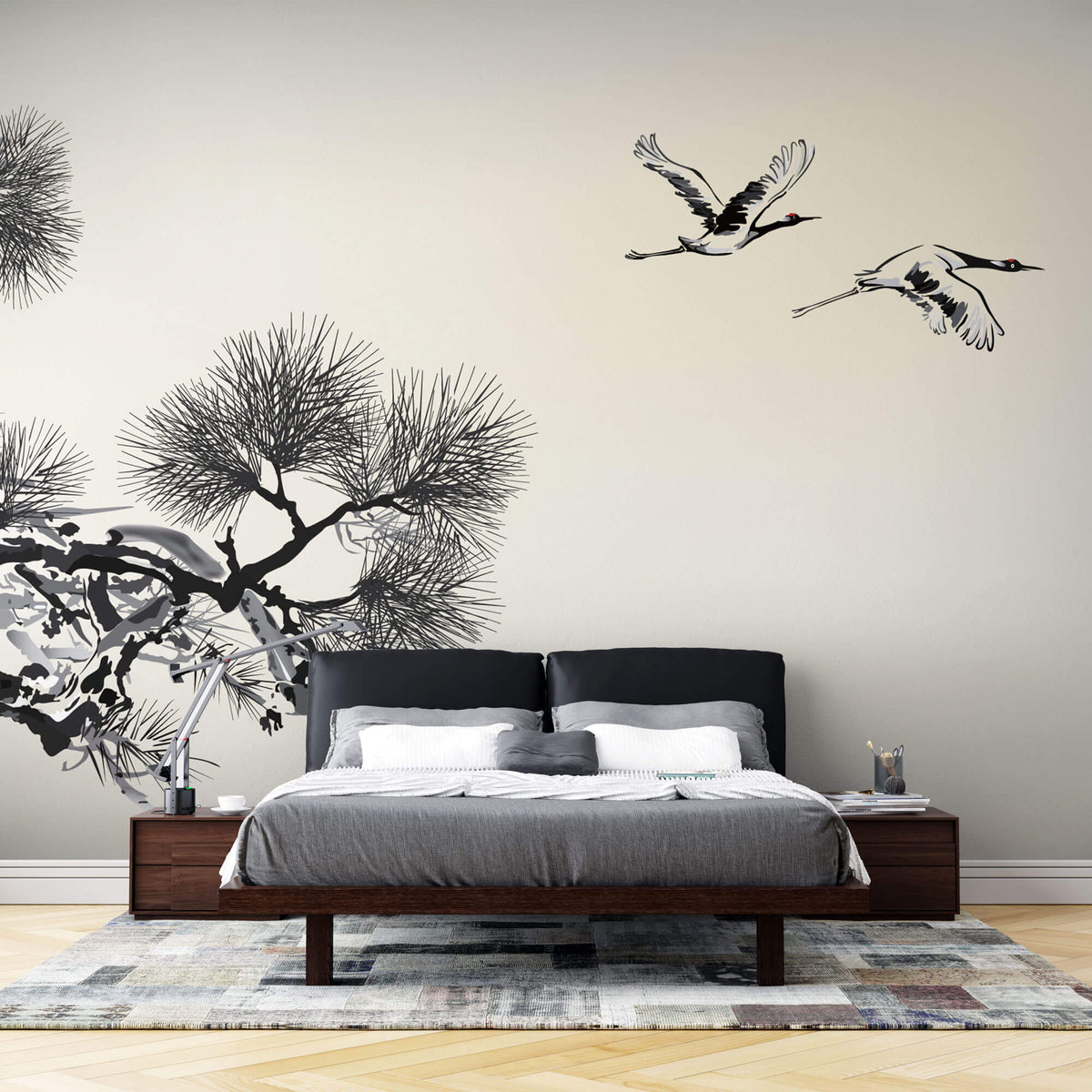 Tapet Zen Oriental cu natura orientala abstracta - INK CRANES