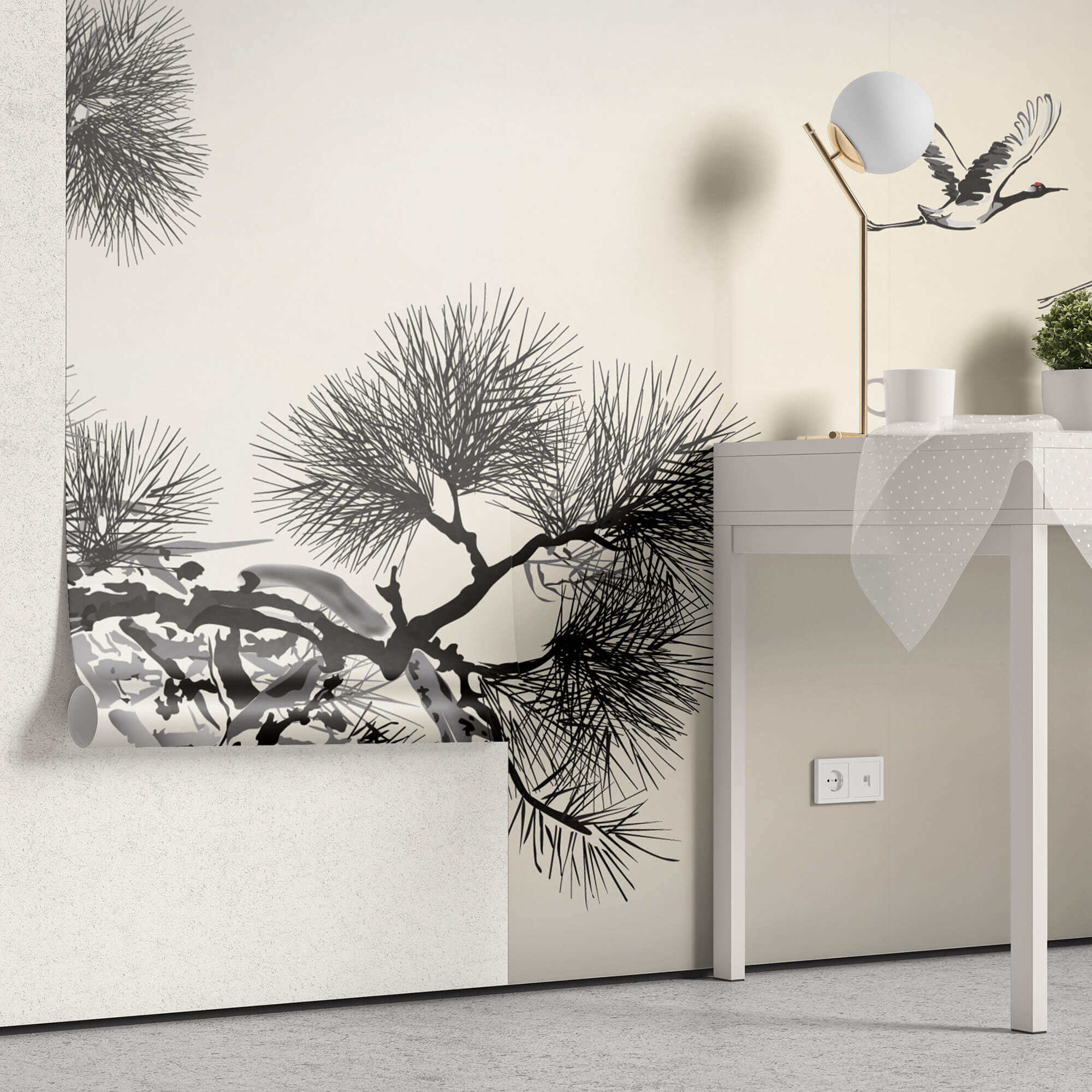 Tapet Zen Oriental cu natura orientala abstracta - INK CRANES